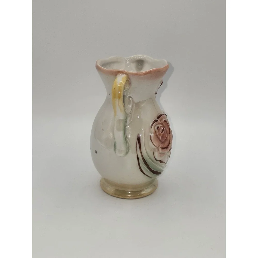 Vintage Brazil Art Pottery Double Handle Floral Vase Pink Rose Daisy Relief